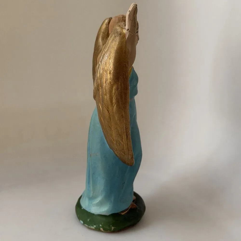 Vintage German Nativity Angel Figurine 6” Blue Robe Gold Wings Hand Painted